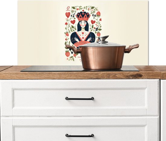 Spatscherm keuken 80x40 cm - Kookplaat achterwand Speelkaart - Hartenkoningin - Bloemen - Hartjes - Muurbeschermer - Spatwand fornuis - Hoogwaardig aluminium