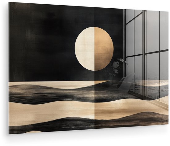 MuchoWow® Tableau sur verre 90x60 cm - Tableau acrylique sur verre - Lune - Cercle - Or - Photo sur verre - Décoration murale salon - Décoration murale chambre - Peintures