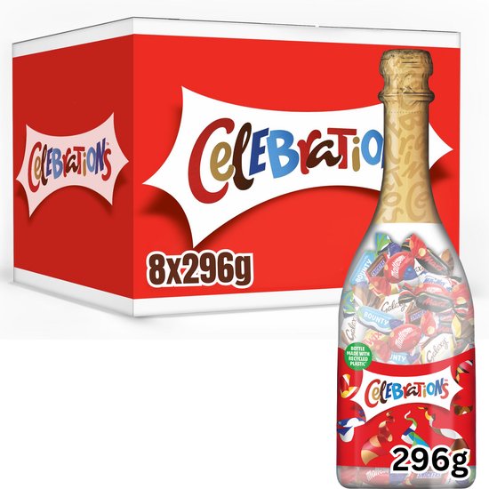 Flesvormige doos met Celebrations chocolade, 8x296g. Rood met witte tekst.