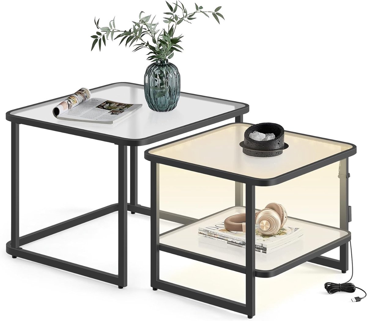 Furnstar Salontafel - Set van 2 met LED-Verlichting - Vierkante Bijzettafel - Modern - Melkglas - Onderste Plank - Wolkenwit-Inkzwart - LCT246B01