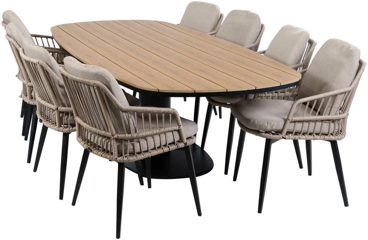 9-delige tuinset | 8 Isabel tuinstoelen (Sand) | 260cm Tower tuintafel (Black)
