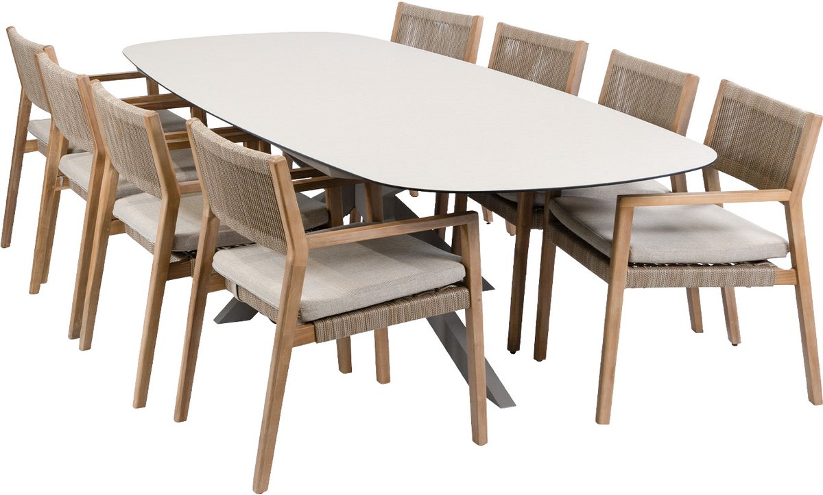 Tuinset met 8 Felline tuinstoelen en Tuintafel Malaga 280x115cm in Camel.