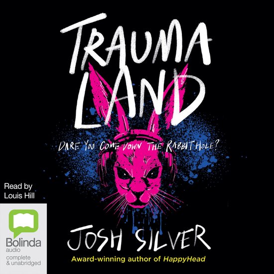 Couverture de livre avec le titre 'Trauma Land' et un lapin rose portant un casque.