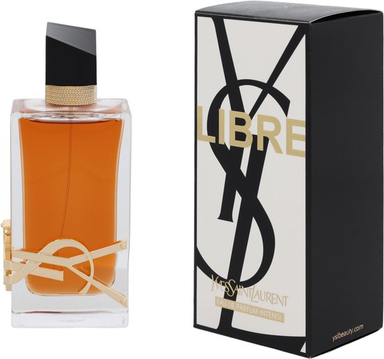 Yves Saint Laurent Libre Intense Eau de Parfum, amberkleurig met gouden YSL-logo, naast de zwart-witte verpakking met YSL-logo.