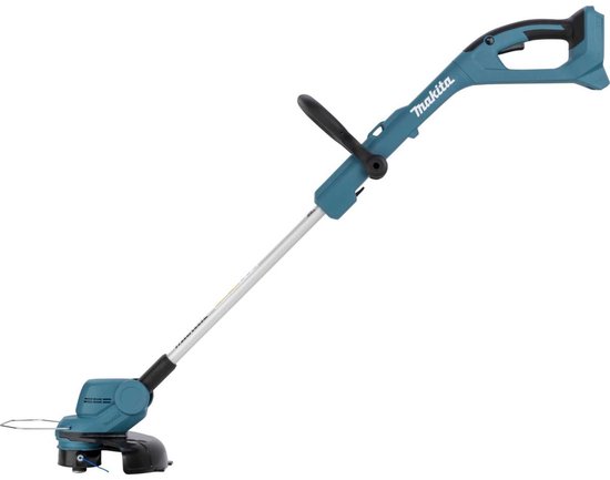 Turquoise Makita grastrimmer met een gebogen handgreep en aluminium schacht.