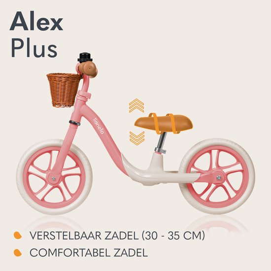 Roze loopfiets met bruin zadel, verstelbaar in hoogte (30-35 cm).