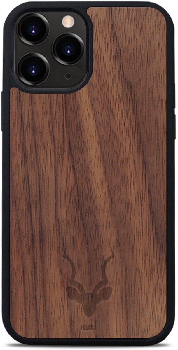 Kudu iPhone 15 Pro Max hoesje case - Houten backcover - Handgemaakt en afgewerkt met duurzaam TPU - Walnoot - Zwart