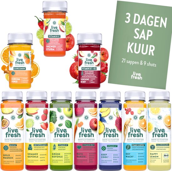 LiveFresh sapkuur 3 dagen – 21 sappen (250ml) & 9 shots (60ml) koudgeperst – 713 calorieën per dag – veganistische vastenkuur