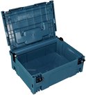 Open turquoise Makita opbergkoffer met zwarte kliksluitingen en interieur.