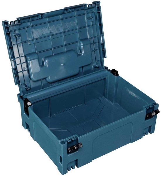 Open turquoise Makita opbergkoffer met zwarte kliksluitingen en interieur.