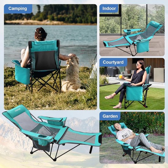 POEPORE Set van 2 verstelbare campingstoel, 4 aanpassingen met voetsteun, comfortabel voor volwassenen, 120 kg, opvouwbare ligstoel, strandstoel met koeltas en bekerhouder, zwart