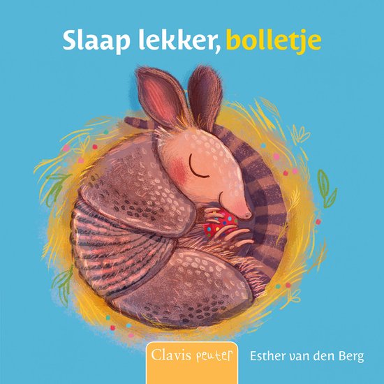 Een illustratie van een gordeldier die zich oprolt tot een bal, met de tekst 'Slaap lekker, bolletje'.
