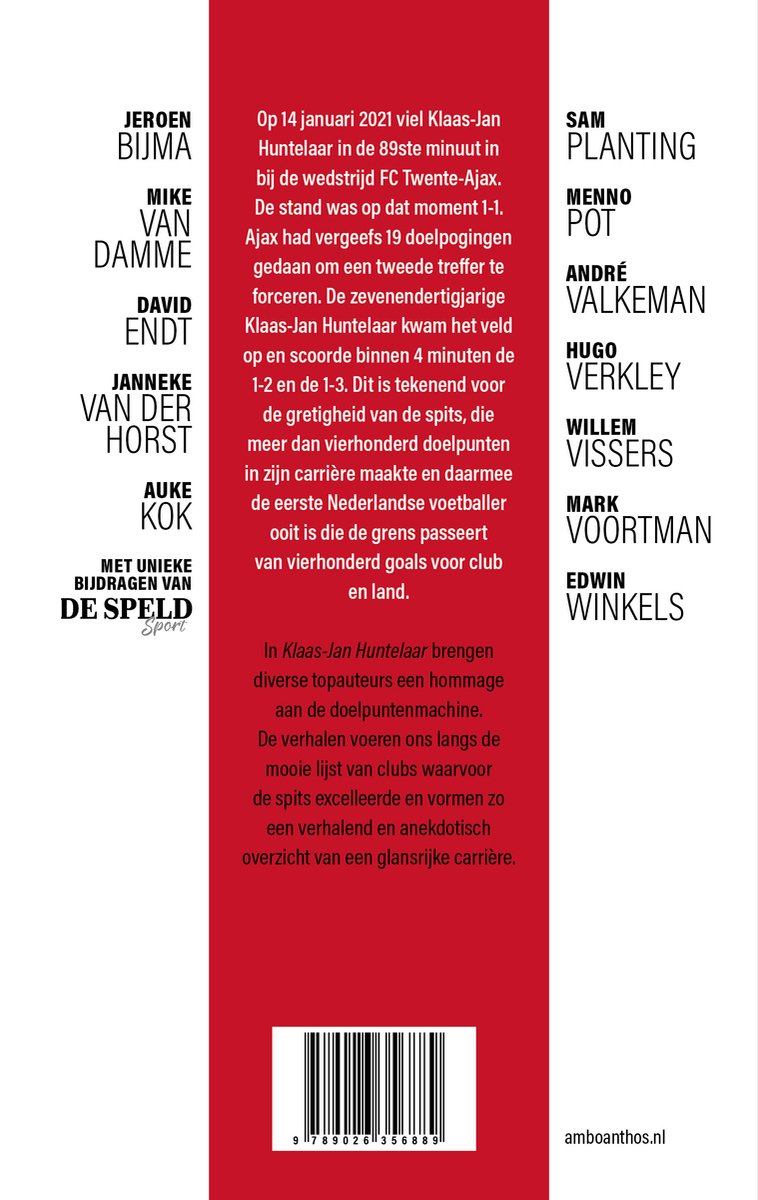 Boekomslag met namen van voetballers en tekst over Klaas-Jan Huntelaar.