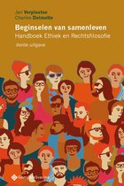 Boekomslag met illustratie van een groep diverse mensen in warme kleuren, met de titel 'Beginselen van samenleven'.