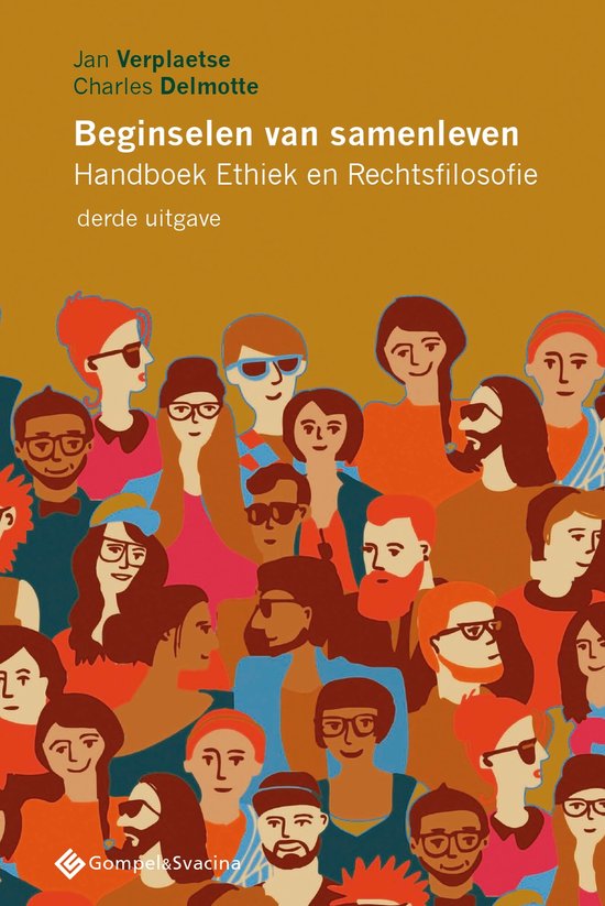 Boekomslag met illustratie van een groep diverse mensen in warme kleuren, met de titel 'Beginselen van samenleven'.