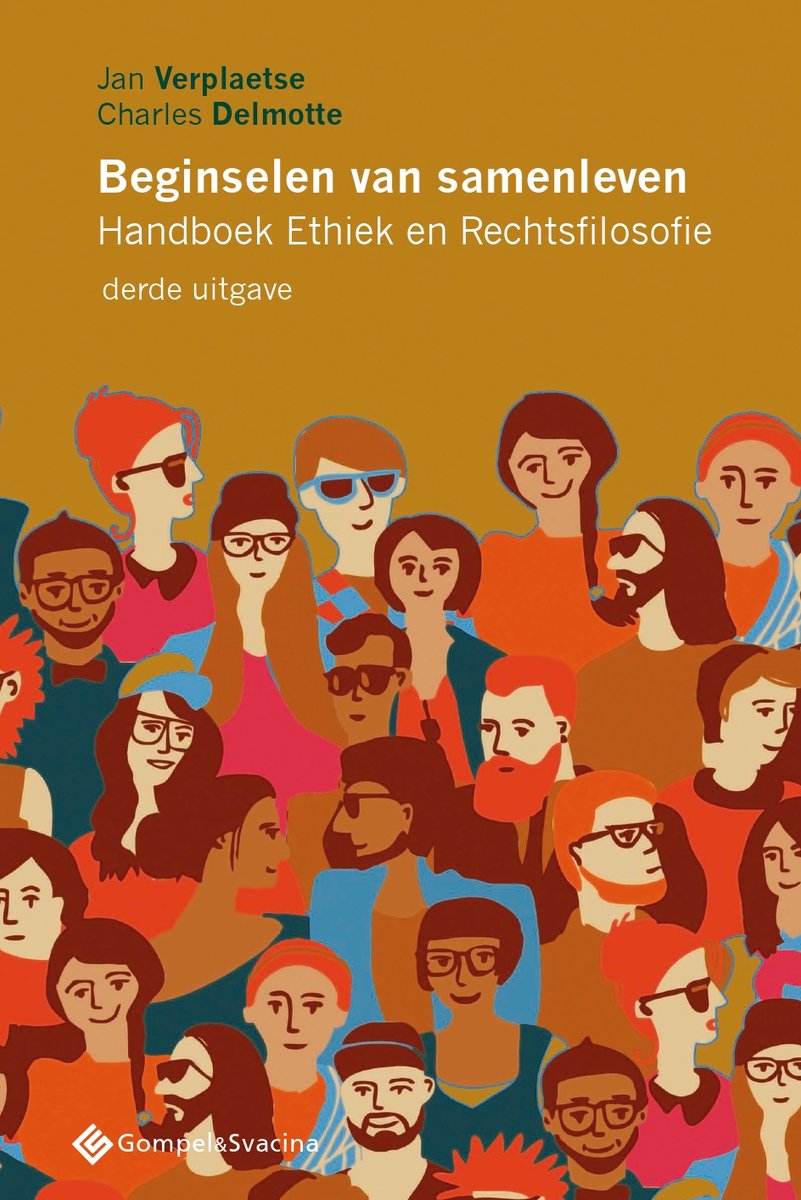 Boekomslag met illustratie van een groep diverse mensen in warme kleuren, met de titel 'Beginselen van samenleven'.