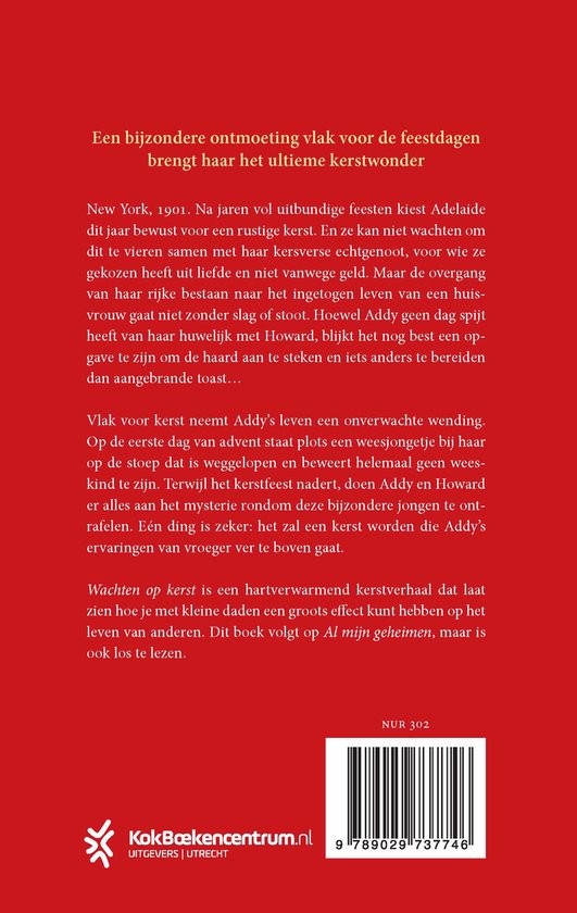 Boekomslag met tekst. Titel: Wachten op kerst. Beschrijving van het verhaal over Adelaide die in New York in 1901 een rustige kerst wil.