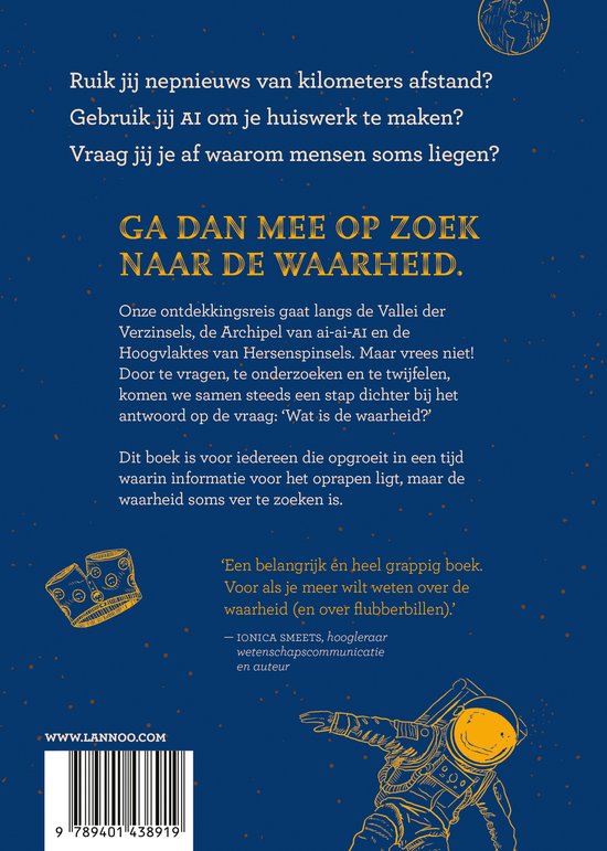 Achterkant van het boek 'Op zoek naar de waarheid' met tekst en een illustratie van een astronaut.
