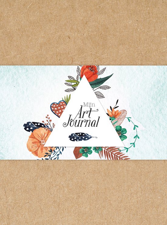 Mijn Art Journal, met een driehoekige banner met bloemen, veren en harten in boho-stijl.