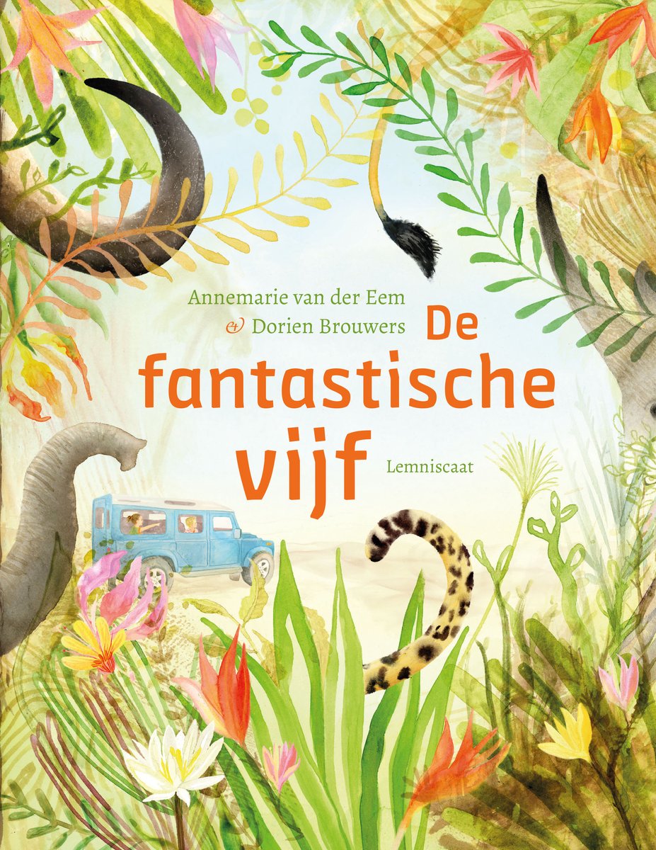 De voorkant van het kinderboek 'De fantastische vijf' met een illustratie van diverse dieren en een jeep in een jungle-landschap.