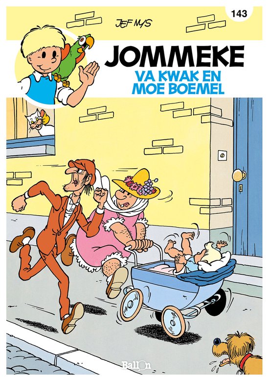 De cover van Jommeke 143: Va Kwak en Moe Boemel. Een jongen met een papegaai, en een koppel dat een kinderwagen duwt met een baby erin.
