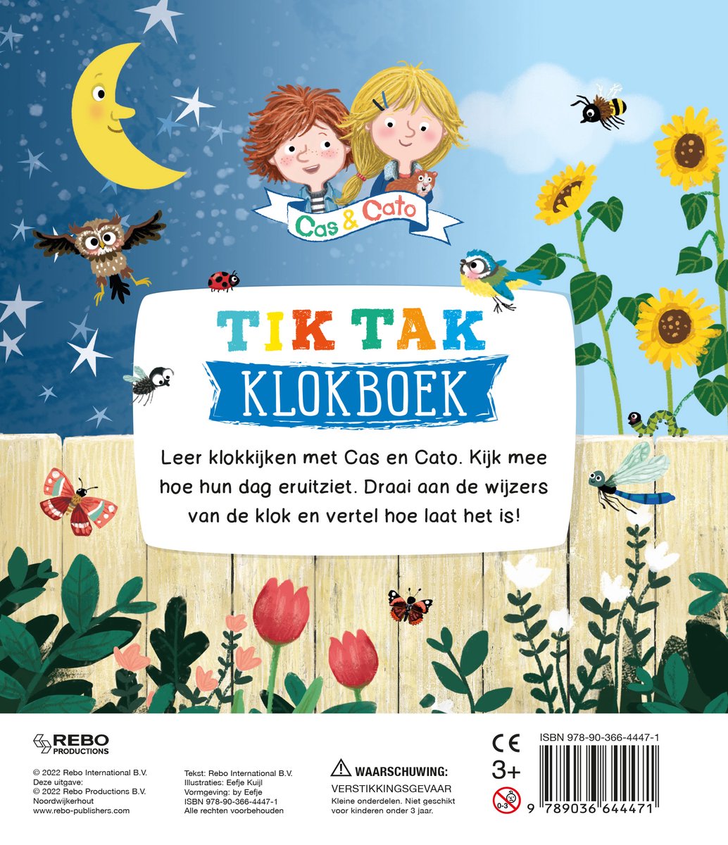 Deel 1: Kinderboek "Tik Tak Klokboek" met illustraties van Cas en Cato. Een maan, uilen, vogels en insecten versieren de cover.
