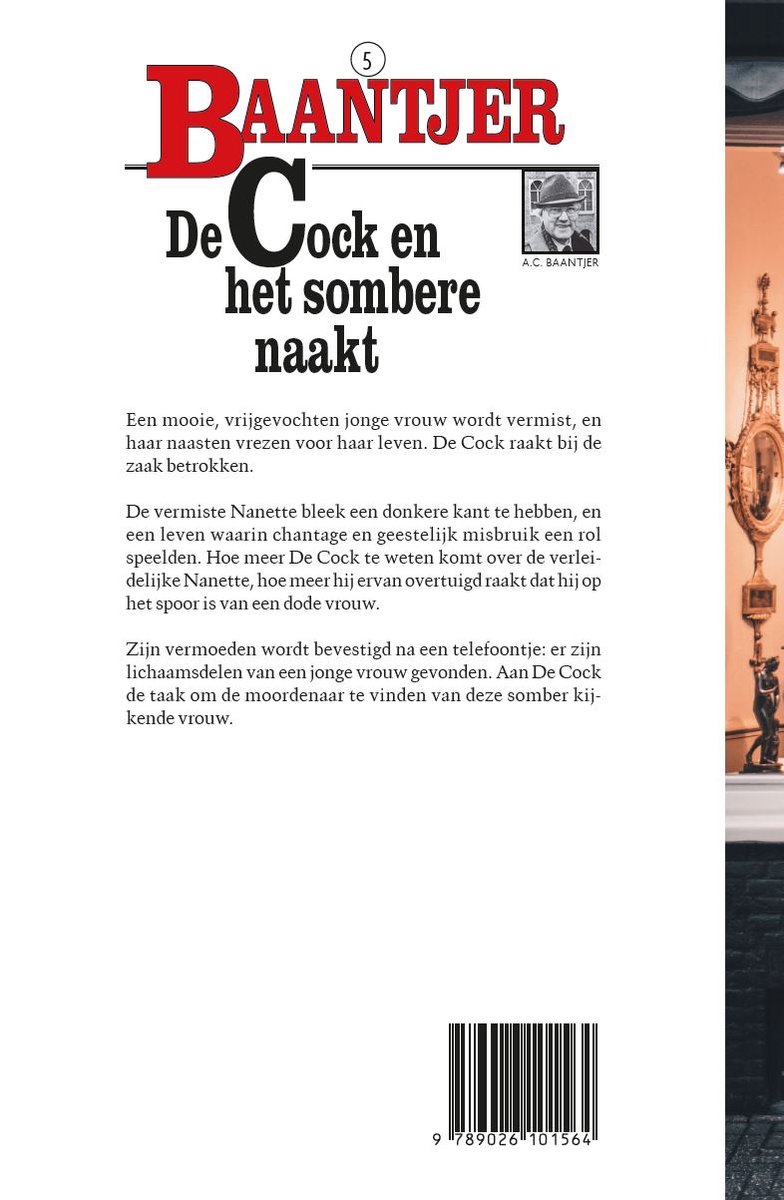 Boekomslag 'Baantjer 5 - De Cock en het sombere naakt' met portret van rechercheur De Cock en beschrijving van het verhaal.