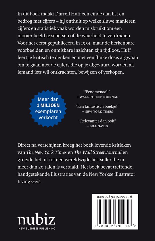 Achterkant van het boek 'Liegen met cijfers' met tekst over de inhoud, recensies en uitgever. ISBN en barcode zichtbaar.