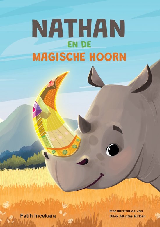 Boek "Nathan en de magische hoorn" met een neushoorn met een magische, kleurrijke hoorn.