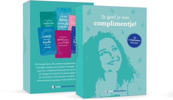Doosje met complimentenkaartjes met op de voorkant een turquoise portret en tekst 'Ik geef je een complimentje!'.