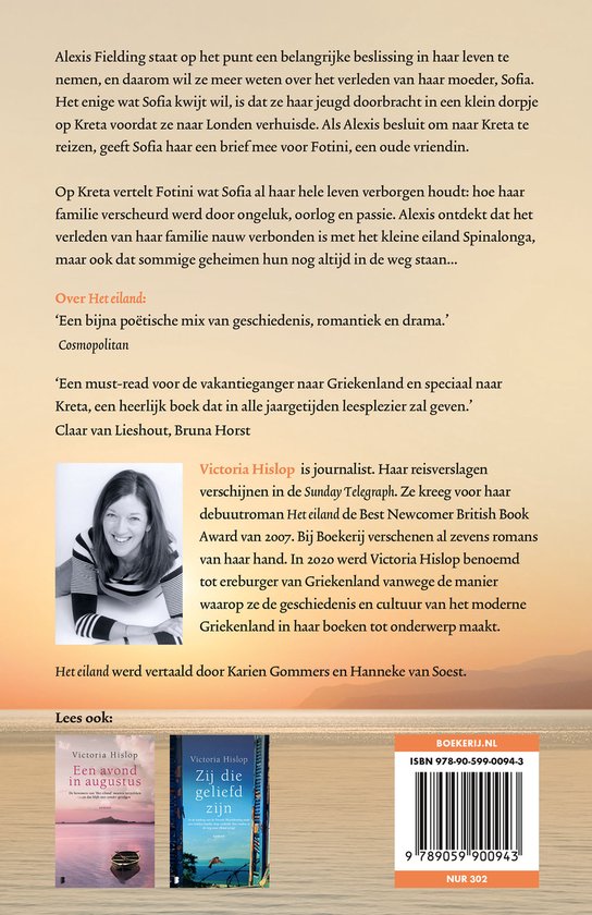 Achterflap van 'Het eiland' met foto van auteur Victoria Hislop en beschrijvingen.