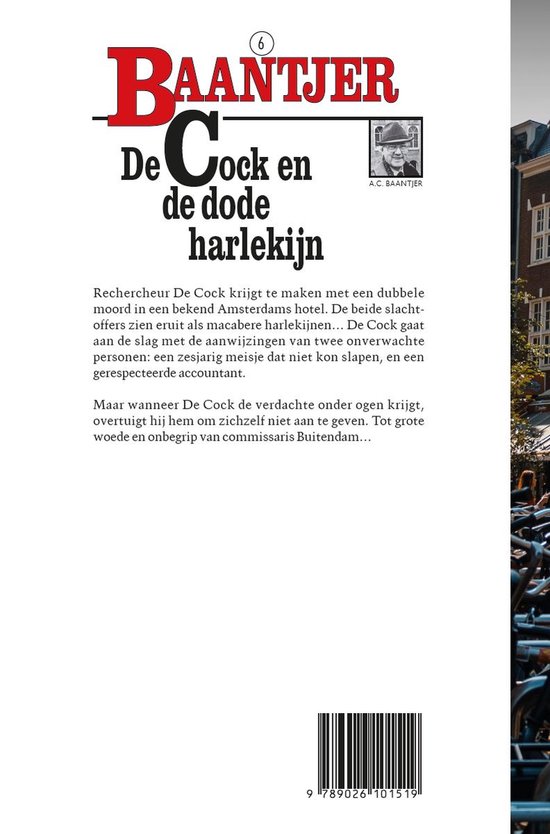 Boekcover met titel Baantjer 6 De Cock en de dode harlekijn. Tekst over rechercheur De Cock.