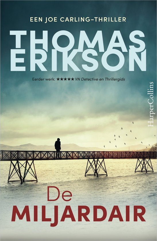 Boekcover: Thomas Erikson 'De Miljardair'. Een man staat op een brug, kijkend naar een kudde vogels. Titel in grote letters.
