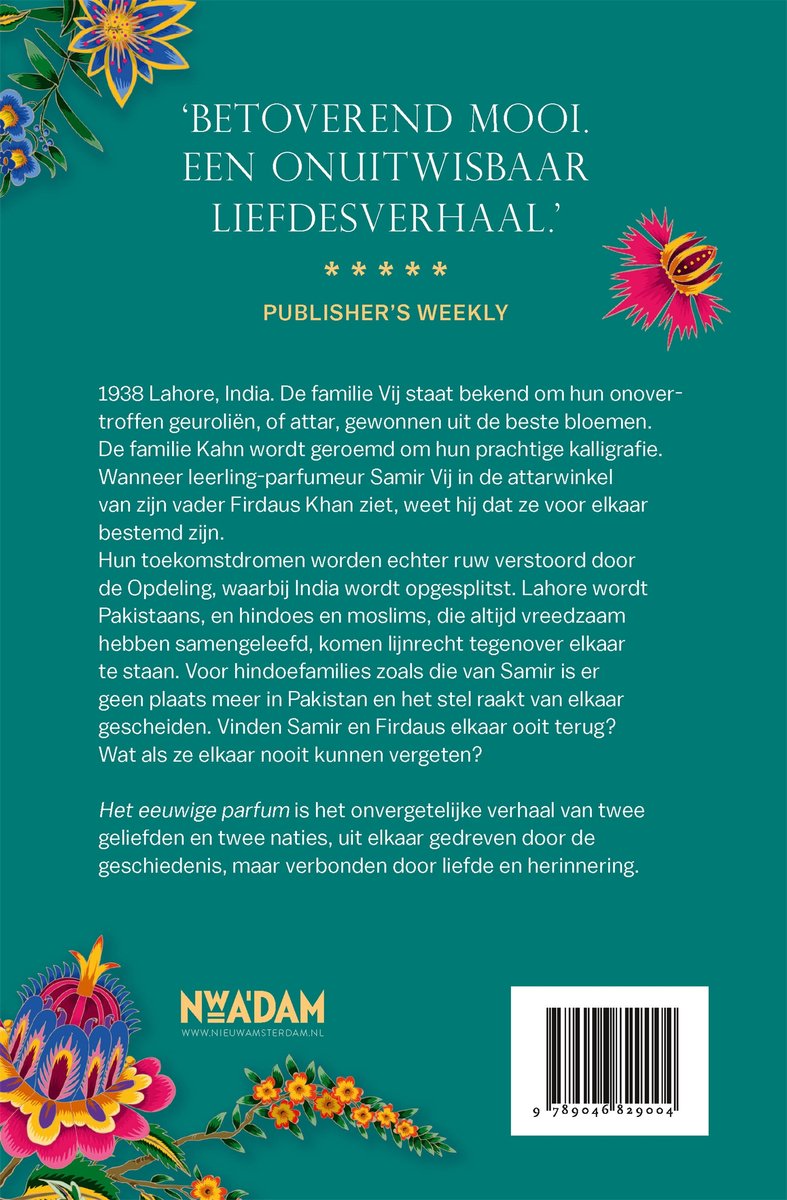 Boekomslag met tekst 'BETOVEREND MOOI. EEN ONUITWISBAAR LIEDESVERHAAL.' en bloemdecoraties.