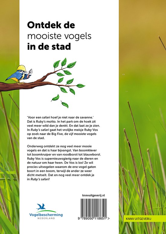 Achterkant boek met illustratie van een blauwe vogel en een specht op een tak. De tekst 'Ontdek de mooiste vogels in de stad' staat bovenaan. Meer tekst en logo's.