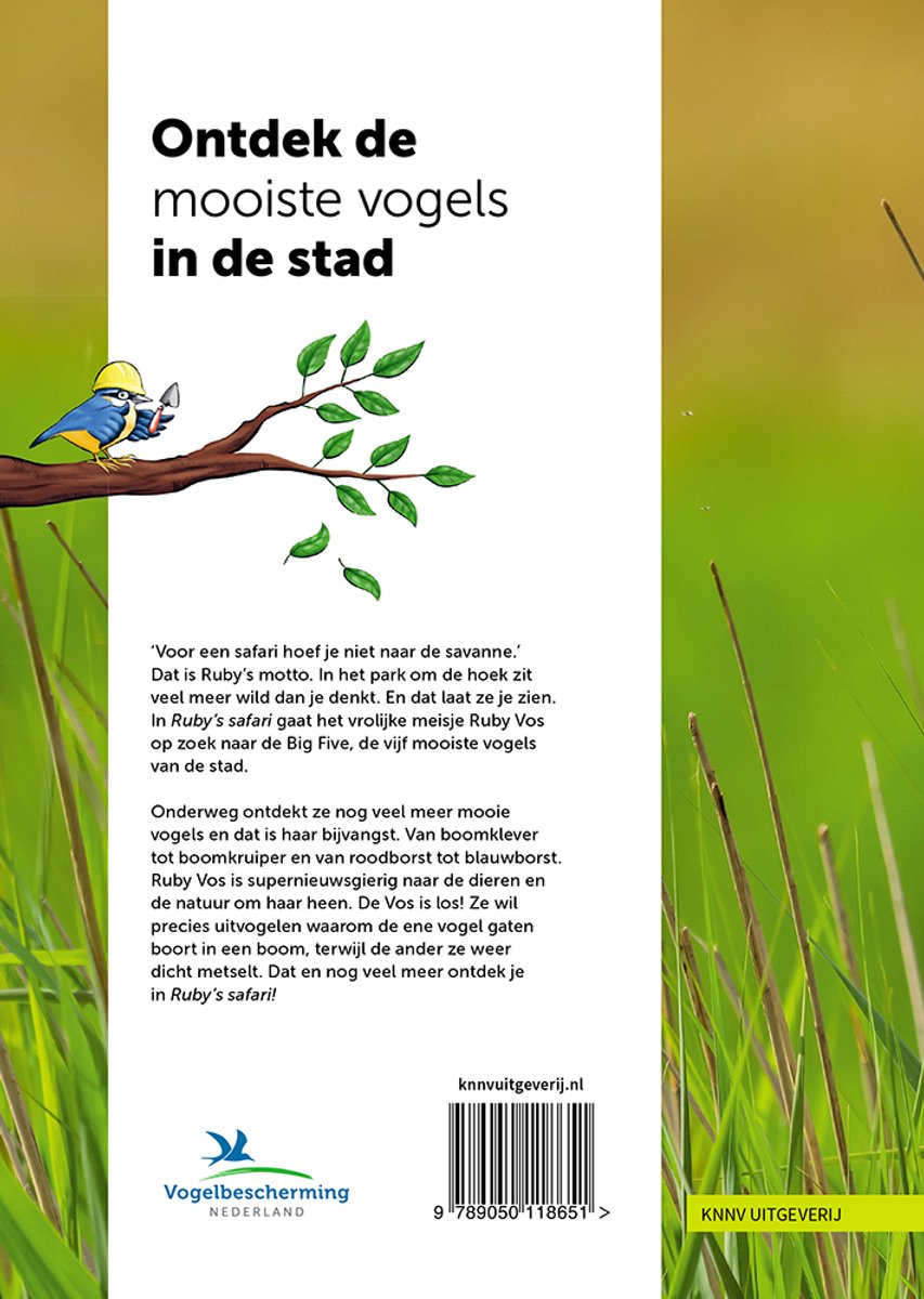 Achterkant boek met illustratie van een blauwe vogel en een specht op een tak. De tekst 'Ontdek de mooiste vogels in de stad' staat bovenaan. Meer tekst en logo's.
