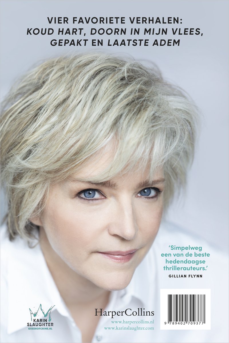 Close-up van Karin Slaughter, met blonde bob, blauwe ogen en witte blouse. Tekst: Vier favoriete verhalen.