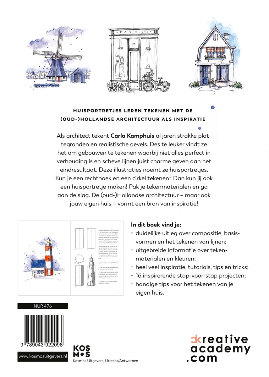 Boekomslag met schetsen van Hollandse gebouwen en een molen. Titel: Huisportretjes leren tekenen met (oud-)Hollandse architectuur als inspiratie.