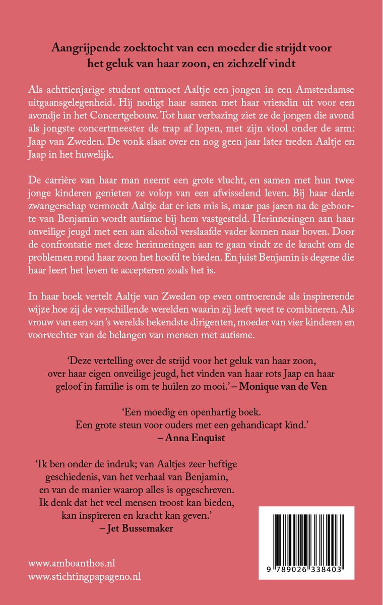 Achterkant van het boek 'Om wie je bent' van Aaltje van Zweden, met ISBN.