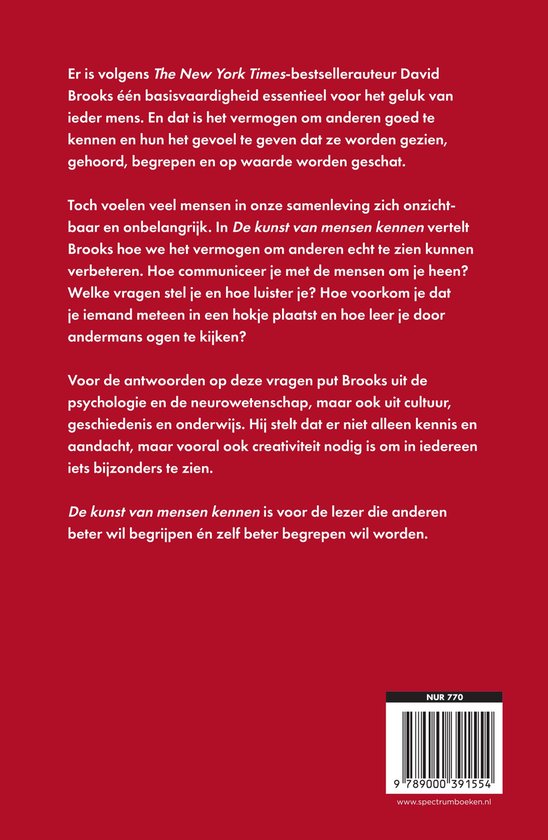 Achterkant van het boek 'De kunst van mensen kennen' met rode achtergrond en Nederlandse tekst over de inhoud.