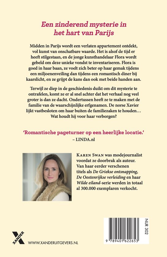 Achterkant boek 'Het Franse Geheim' met tekst en foto van Karen Swan.