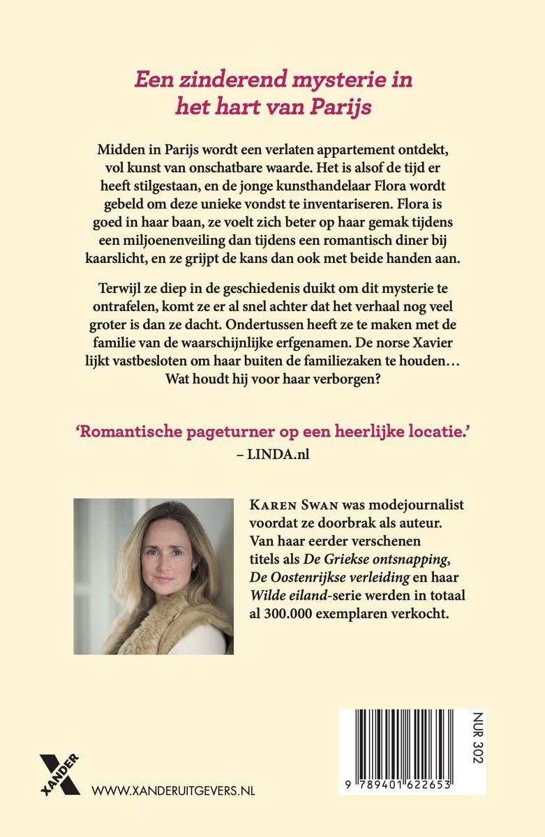 Achterkant boek 'Het Franse Geheim' met tekst en foto van Karen Swan.