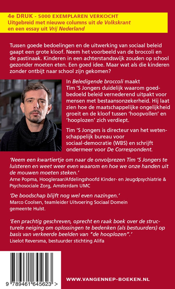 Man kijkt ernstig, met tekst van boekrecensies en informatie over de auteur Tim 's Jongers.