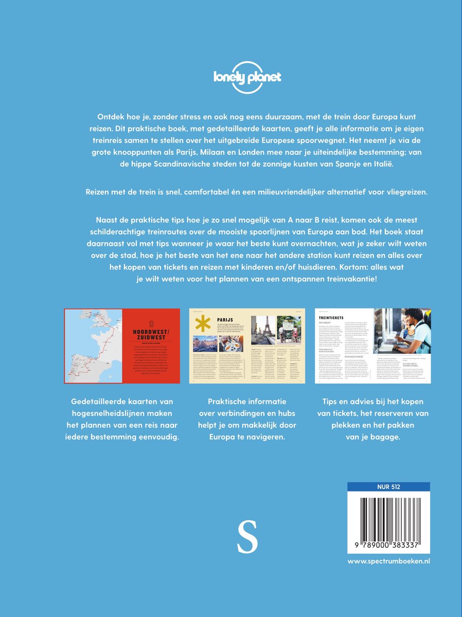 Achterkant Lonely Planet boek 'Treinreizen in Europa' met details over inhoud en kaarten.