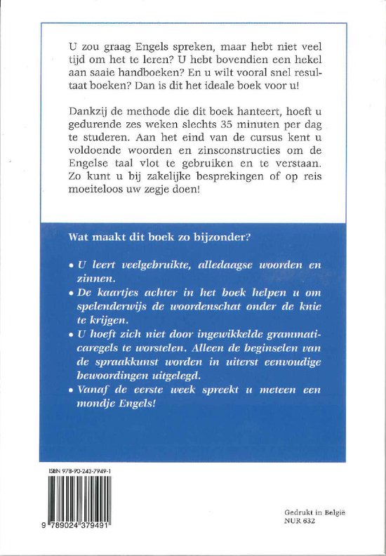 Achterkant van een boek over Engels leren. Met ISBN-nummer en tekst.