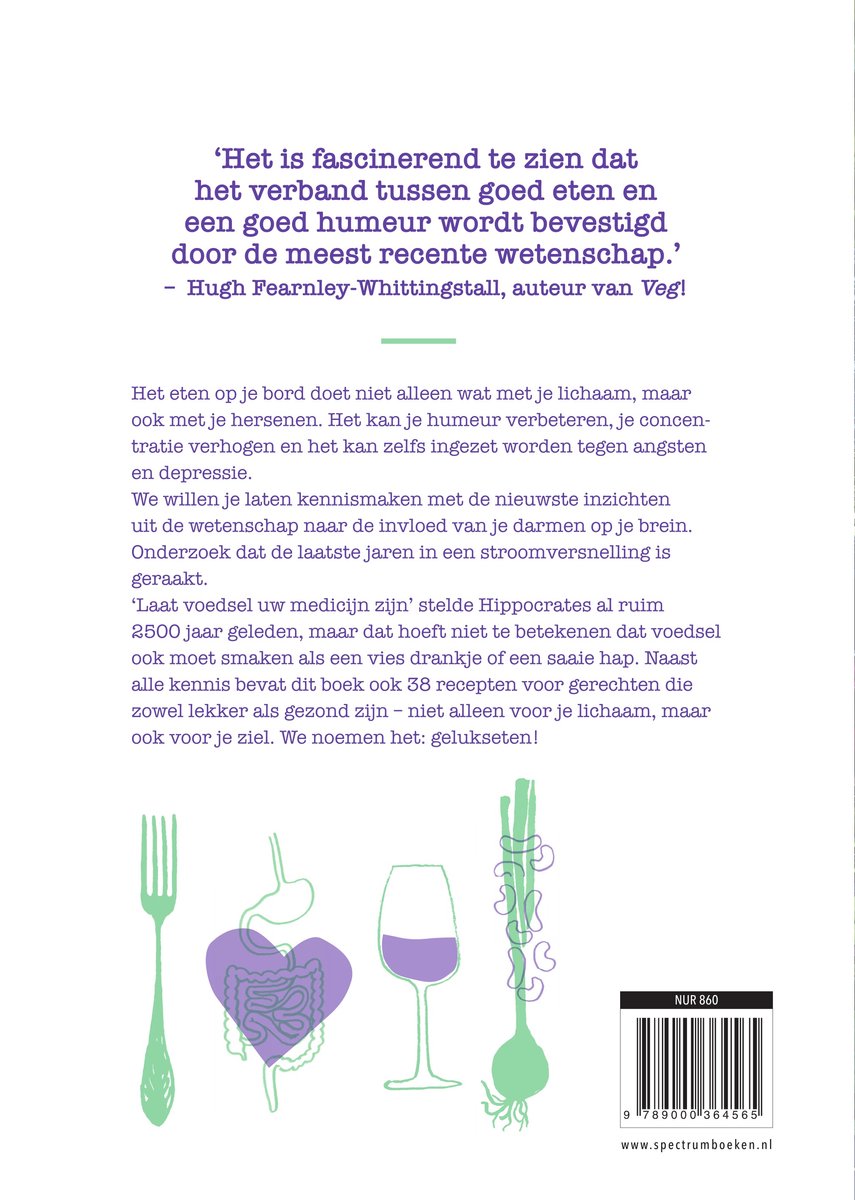 Achterkant van het boek 'Gelukseten' met citaten en illustraties van organen en een glas wijn.