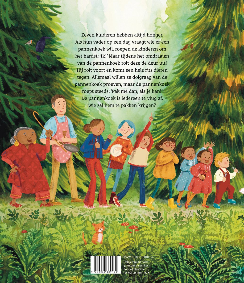 Boekcover achterkant met tekst en illustratie van een gezin en dieren.