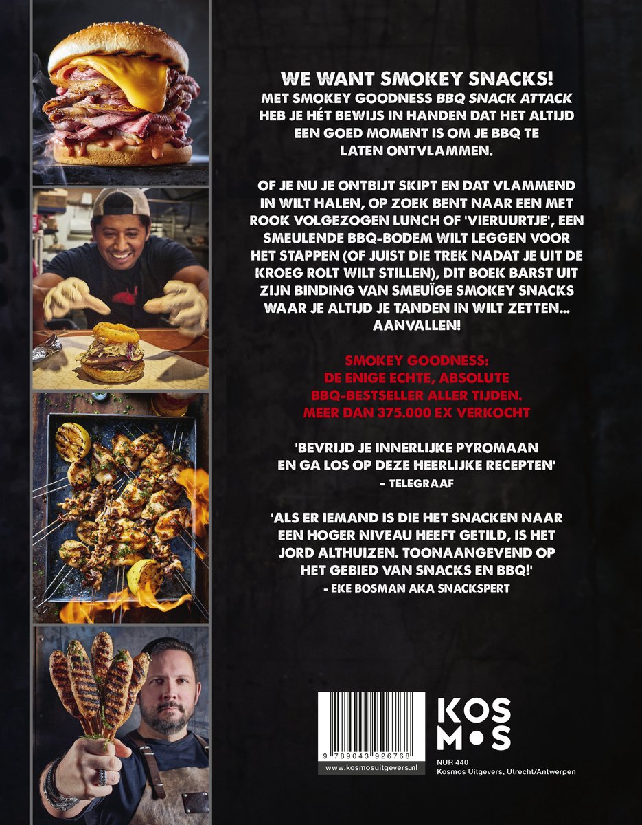 Boekomslag met foto's van diverse BBQ-gerechten en tekst "Smokey Goodness: de enige echte, absolute BBQ-bestseller aller tijden"