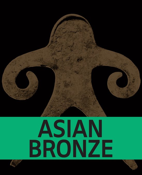 Bruine sculptuur van een mensachtige figuur met gekrulde armen en benen. Tekst: ASIAN BRONZE.