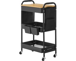 Furnstar Rolwagen - Keukentrolley - 3 Metalen Roosterplanken - Serveerwagen - 2 Afneembare Hangbakken - 2 Organizers - Voor Kantoor - Keuken - Woonkamer - Badkamer - Inktzwart - LRC036B01